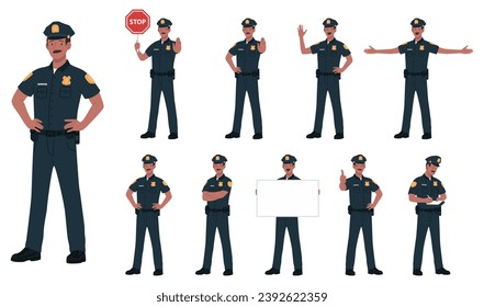 Male Police Officer Cartoon Vector Illustration Poses. Young Black Police Men Cop In Dark Blue Uniform. Standing, Holding Signboard, Stop Sign, Ticket, White Isolated