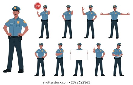 Male Police Officer Cartoon Vector Illustration Poses. Young Black Police Men Cop In Blue Uniform. Standing, Holding Signboard, Stop Sign, Ticket, White Isolated
