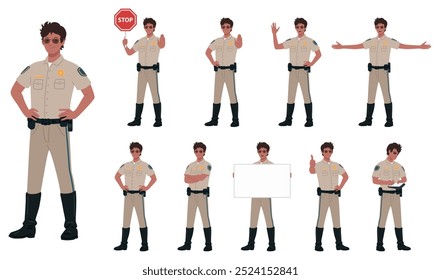 Male Police Officer Cartoon Vector Illustration Poses, Signboard, Young, Highway Patrol, Beige Uniform, Standing, Stop Sign, Ticket, White Isolated