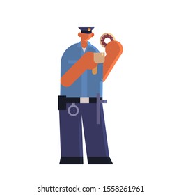 male police officer with donuts and coffee policeman in uniform having lunch security authority justice law service concept flat full length white background vector illustration