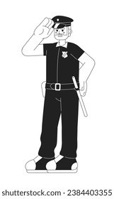 Male police officer smiling black and white cartoon flat illustration. Caucasian adult policeman job linear 2D character isolated. Cop uniform. Enforcement law order monochromatic scene vector image