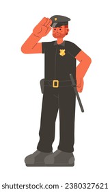 Male police officer smiling cartoon flat illustration. Caucasian adult policeman job 2D character isolated on white background. Cop uniform. Enforcement law and order scene vector color image