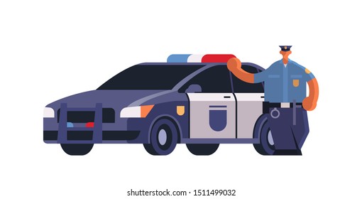 male police officer standing near patrol car policeman in uniform security authority justice law service concept flat full length white background horizontal