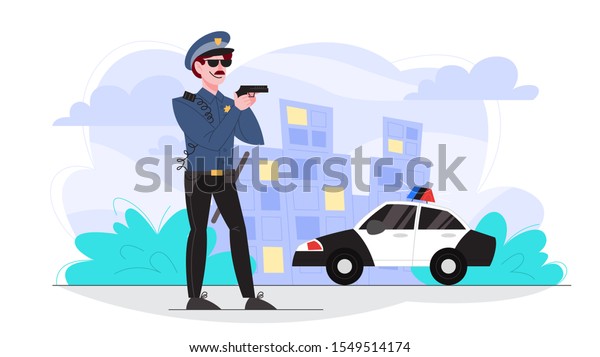 Male Police Officer Uniform Holding Gun Stock Vector (Royalty Free ...