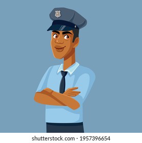 Male Police Officer in Uniform Vector Cartoon Illustration. Policeman with badge and hat standing with arms crossed
