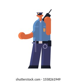 male police officer using walkie-talkie policeman in uniform talking on radio security authority justice law service concept flat full length white background vector illustration