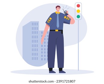 A male police officer wearing a uniform is communicating with his partner using a walkie talkie while controlling the road at a traffic light. Character design. Vector flat illustration