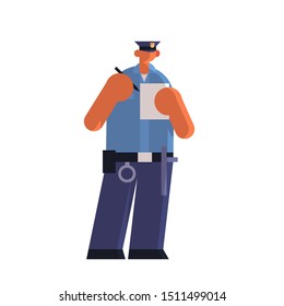 Male Police Officer Writing Report Parking Fine Policeman In Uniform Security Authority Justice Law Service Concept Flat Full Length White Background