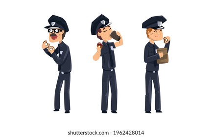 Male Police Officers Eating Donuts and Drinking Coffee, Policemen in Blue Uniform Having Lunch Vector Illustration