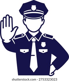 Male policeman raising hand command halt security authority professional icon