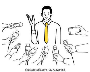 Male politician being interviewed by journalists with media equipment surround him. Cute character vector illustration design, outline, linear, thin line art, hand drawn sketch, simple style.