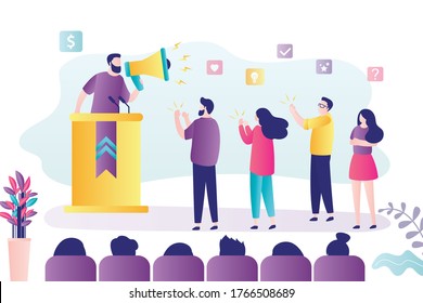 Male politician or business coach gives speech. Man with megaphone at rostrum. Election campaign, speech of a political candidate in front of voters. Group of spectators. Trendy vector illustration