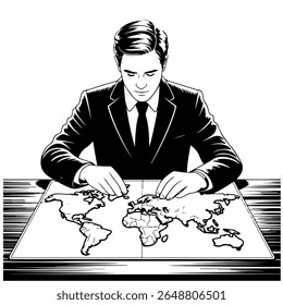 Um político do sexo masculino de terno e gravata está sentado em uma mesa olhando para um mapa do mundo. Esboço monocromático vetorial em estilo de arte em linha