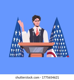 male politician making speech from tribune with usa flag 4th of july american independence day celebration concept portrait vector illustration