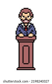 Male politician speaking standing at wooden debate podium, pixel art character isolated on white background. Retro 8 bit slot machine, video game graphics. Agitating election campaign speaker.