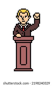 Male politician speaking standing at wooden debate podium, pixel art character isolated on white background. Retro 8 bit slot machine, video game graphics. Agitating election campaign speaker.