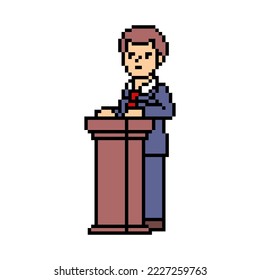 Male politician speaking standing at wooden debate podium, pixel art character isolated on white background. Retro 8 bit slot machine, video game graphics. Agitating election campaign speaker.