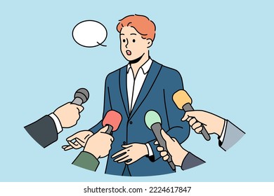 Male politician with speech bubble above head give interview to reporters with microphones. Man in suit speak with journalists with mic. Vector illustration. 