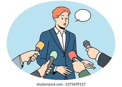 Male politician with speech bubble above head give interview to reporters with microphones. Man in suit speak with journalists with mic. Vector illustration.