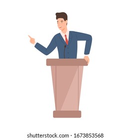 Male politician in suit standing at rostrum vector flat illustration. Positive political candidate gesticulate pointing finger talk with audience isolated on white. Official cartoon government worker