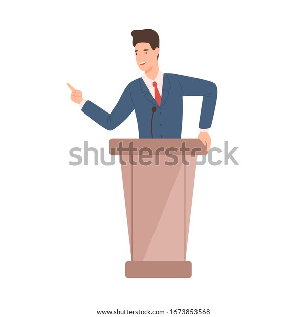 Male politician in suit standing at rostrum vector\
flat illustration. Positive political candidate gesticulate\
pointing finger talk with audience isolated on white. Official\
cartoon government worker
