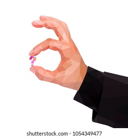 Male polygonal hand between two fingers holding a question mark