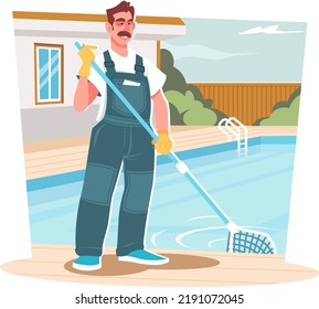 A male pool cleaner in uniform holds a net to catch debris from the water. Concept of clearing services for home pools in flat style. Stock vector illustration
