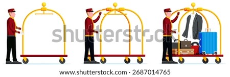 Male porter pushing an empty and loaded hotel luggage cart, showing the hotel service process for an arrival booking or travel concept.