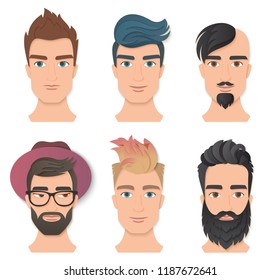 Male portrait avatar face set vector illustration. Young stylish man faces with various beards and hairstyle. Trendy paper layered cut art. Origami beauty fashion concept logo.