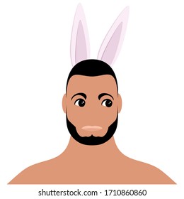 Male portrait with bunny ears, bearded face, head and shoulders. Isolated vector illustration
