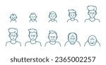 Male portrait at different ages, preschooler, kid, primary school, senior school, teenager, young, elderly, illustration life cycle concept. Editable Vector Stroke.