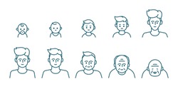 Male portrait at different ages, preschooler, kid, primary school, senior school, teenager, young, elderly, illustration life cycle concept. Editable Vector Stroke.