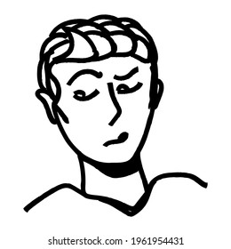 Male portrait with doubtful face. Vector line art with isolated cartoon. For avatars, comic characters, doodles, stickers design, banners and templates