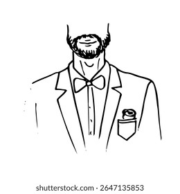 male portrait lower part of bearded face and upper torso in jacket and flower in pocket - hand drawn outline drawing