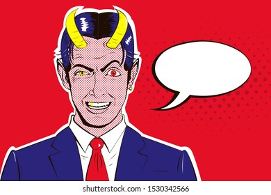 Male portrait of a malevolent laughing devil businessman with yellow horns in blue suit on red background with dots. Vector colorful illustration with black stroke in pop art style. Banner.