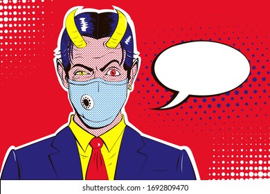 Männliches Portrait von böswilligem Satan-Geschäftsmann mit erhöhter Augenbraue, medizinische Maske im Gesicht, Hörner in blauem Anzug mit Krawatte auf rotem Hintergrund. Vektorillustration Retro Pop Art Stil bunt Illustration. Banner