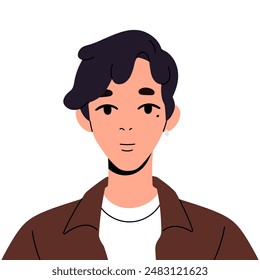 Male portrait with mole on cheek. Face of young man with neutral emotions. Cute teenager avatar. User profile of teen boy with modern hairdo. Flat isolated vector illustration on white background