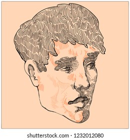 Male portrait. Nonexistant model.Hand drawing style. Lineart.	
