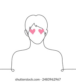 male portrait silhouette with pink hearts in eyes - one line art vector. man in love concept. Handmade vector not AI