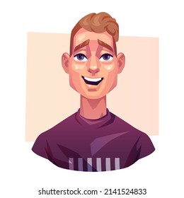 Male portrait. Smiling young guy. Cheerful, positive character, merry fellow. Avatar for a social network. Vector illustration