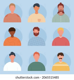 Male portraits. Abstract man avatar profile picture icons set. Multi-ethnic people faceless bust concept with different color clothes, hairstyles, moustache and beards. Boy head silhouette.