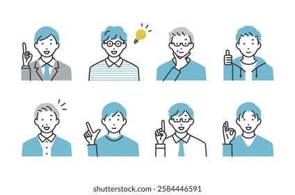 Male positive facial expression icon set.