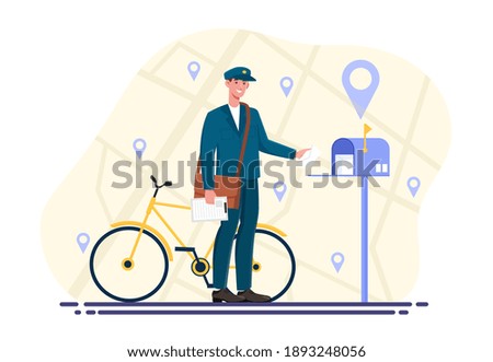 Male postman is delivering mail. Mailman in blue uniform and bicycle delivering letters in mailbox. Concept of express delivery in postbox and logistic service. Flat cartoon vector illustration
