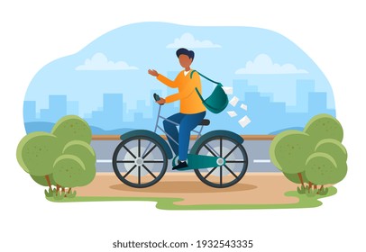 Male postman with post bag is riding bicycle and greeting people. Courier character with bag full of letter envelopes rushing on bicycle in the city. Flat cartoon vector illustration