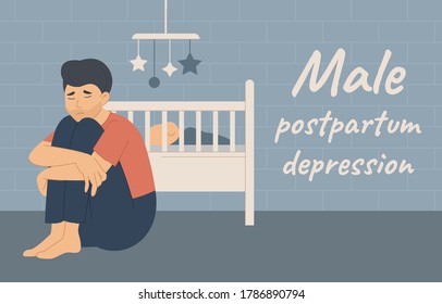 Male Postpartum postnatal depression PPD. Tired sad man sits near the cradle with a newborn baby. The young father is on the floor and hugs his knees. Flat vector illustration on a blue background