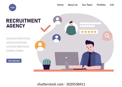 Male employeе posts resume to find job. Man searching work through website. Posting summary in computer web page. Recruitment staff and cv resume concept. Template, landing page. Vector illustration