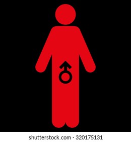 Male Potence vector icon. Style is flat symbol, red color, rounded angles, black background.