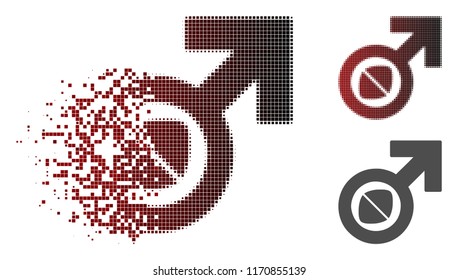 Male potency tablet icon in dispersed, dotted halftone and undamaged whole versions. Points are grouped into vector dispersed male potency tablet symbol.