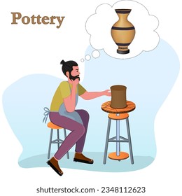 A male potter makes a ceramic amphora. A male potter thinks what to do from the workpiece. Vector illustration in a flat style.