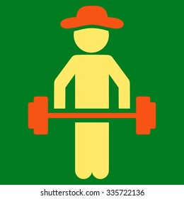 Male Power Lifting vector icon. Style is bicolor flat symbol, orange and yellow colors, rounded angles, green background.